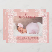 Rustic Pink Burlap & Lace Baby Girl Foto geboorted Aankondiging (Voorkant / Achterkant)