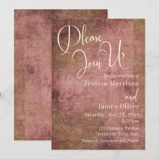 Rustic Pink & Burlap  Typografie Wedding 2 Kaart (Voorkant / Achterkant)
