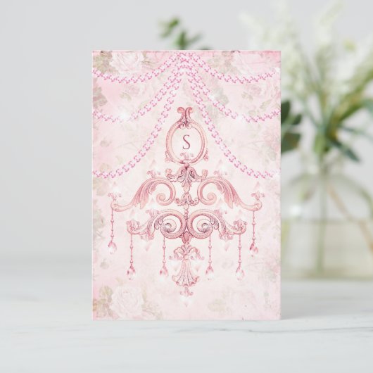 Rustic Pink  Chandelier Waterverf Monogram Bedankkaart (Staand voorkant)