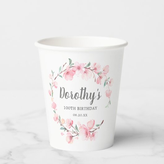 Rustic Pink Cherry Blossom Floral Paper Cups Papieren Bekers (Voorkant)