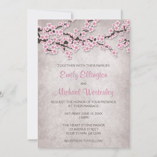 Rustic Pink Cherry Blossom Wedding Invitations Kaart (Voorkant)