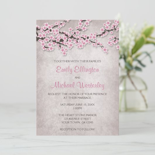 Rustic Pink Cherry Blossom Wedding Invitations Kaart (Staand voorkant)