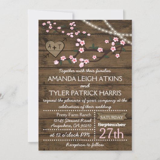 Rustic Pink Cherry Blossom Wedding Invitations Kaart (Voorkant)