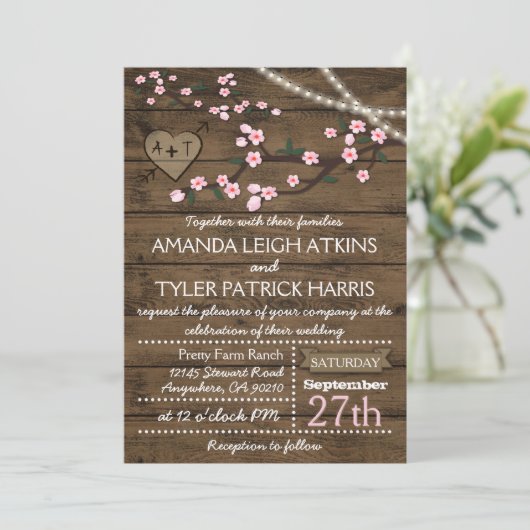 Rustic Pink Cherry Blossom Wedding Invitations Kaart (Staand voorkant)