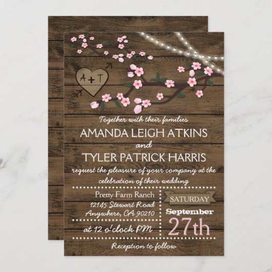 Rustic Pink Cherry Blossom Wedding Invitations Kaart (Voorkant / Achterkant)