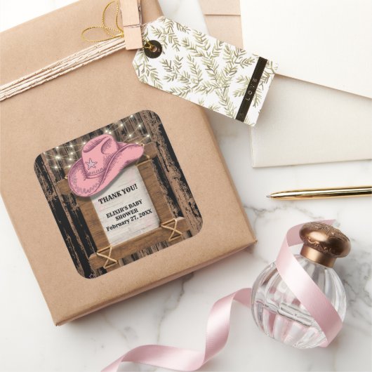 Rustic Pink Cowgirl Hat Baby Shower Vierkante Sticker (Geschenken)