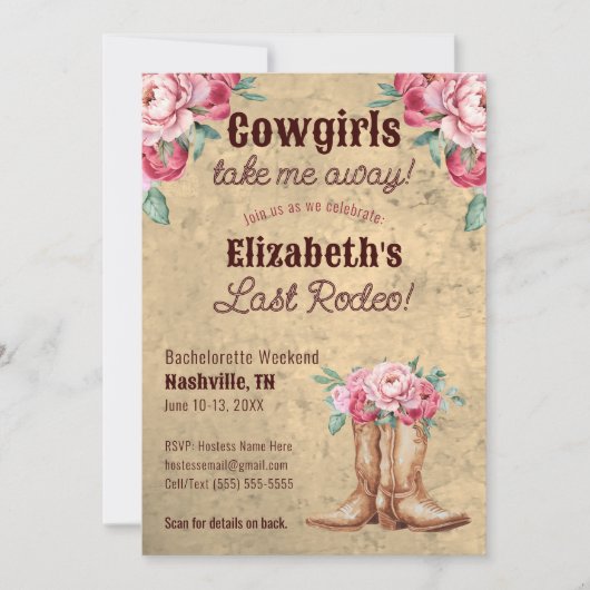 Rustic Pink Cowgirl vrijgezellenfeest met QR-code Kaart (Voorkant)