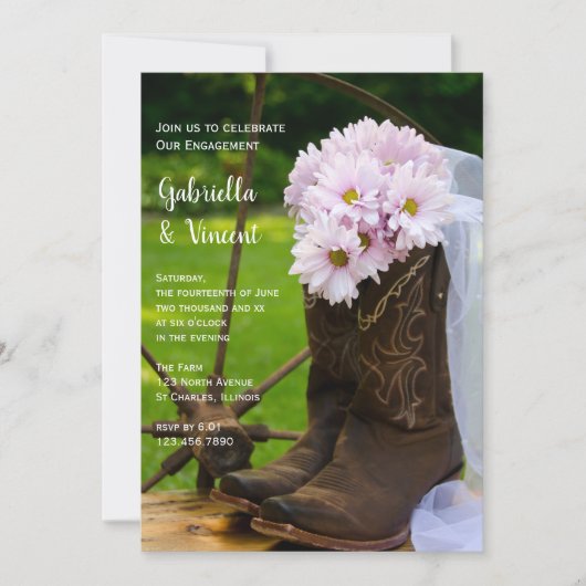 Rustic Pink Daisies Cowboy Boots Engagement Party Kaart (Voorkant)
