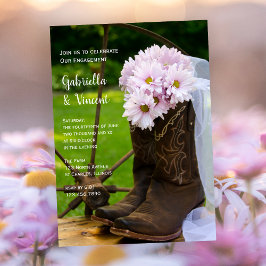 Rustic Pink Daisies Cowboy Boots Engagement Party Kaart
