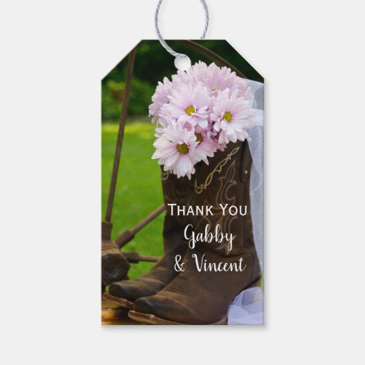Rustic Pink Daisies Cowboy Boots Wedding for Label Cadeaulabel (Voorkant)