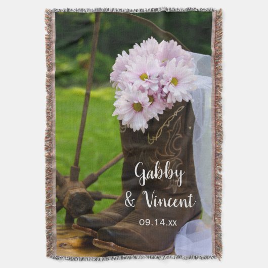 Rustic Pink Daisies Cowboy Boots Westerne bruiloft Deken (Voorkant Verticaal)