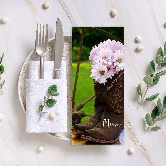 Rustic Pink Daisies Cowboy Boots Westerne bruiloft Menu