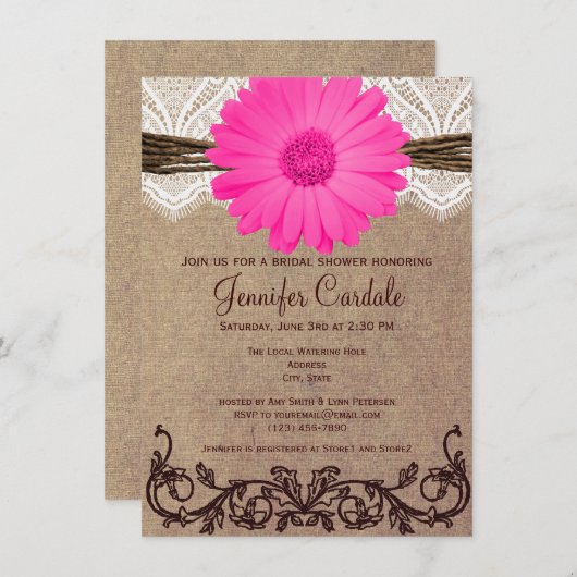 Rustic Pink Daisy Bridal Shower Invitations Kaart (Voorkant / Achterkant)