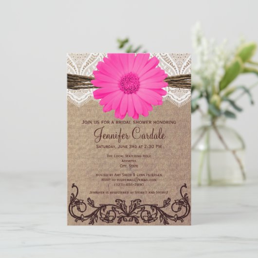 Rustic Pink Daisy Bridal Shower Invitations Kaart (Staand voorkant)