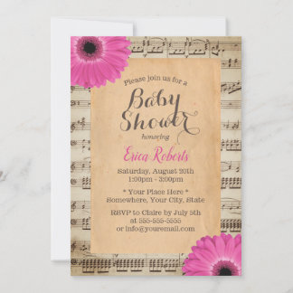 Rustic Pink Daisy Floral Music Baby shower Kaart