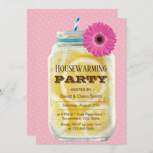 Rustic Pink Daisy Lemonade Jar Housewarming Party Kaart (Voorkant / Achterkant)
