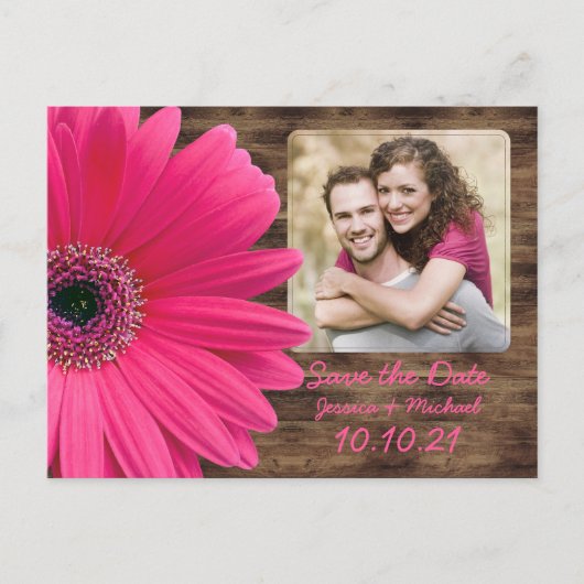 Rustic Pink Daisy Wood Foto Weddenschap Save the D Aankondigingskaart (Voorkant)