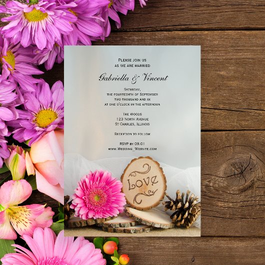 Rustic Pink Daisy Woodland Wedding Kaart