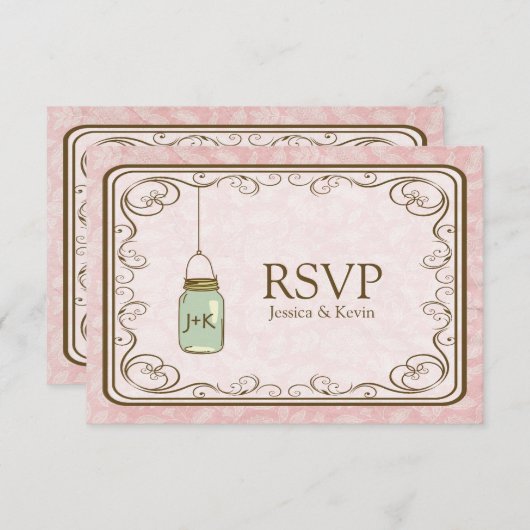 Rustic Pink Damask met Mason Jar RSVP (Voorkant / Achterkant)