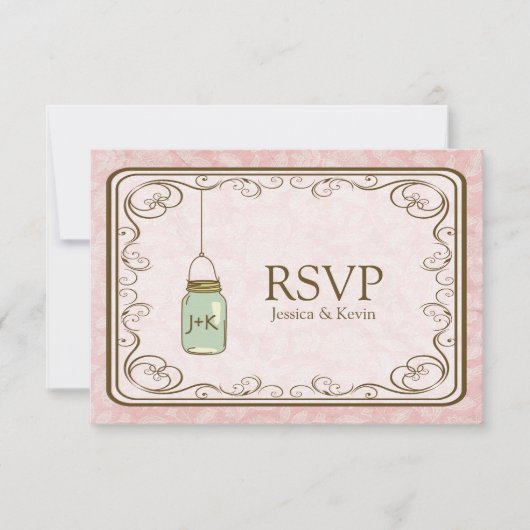Rustic Pink Damask met Mason Jar RSVP Kaartje (Voorkant)