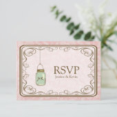 Rustic Pink Damask met Mason Jar RSVP Kaartje (Staand voorkant)
