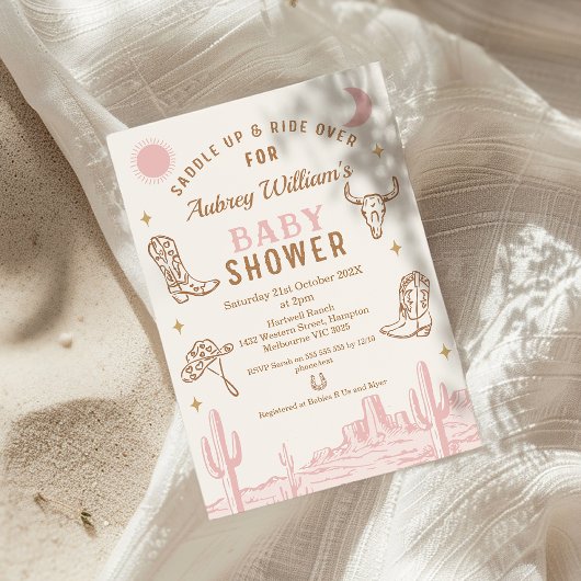 Rustic Pink Desert Girls Cowgirl Baby shower Kaart