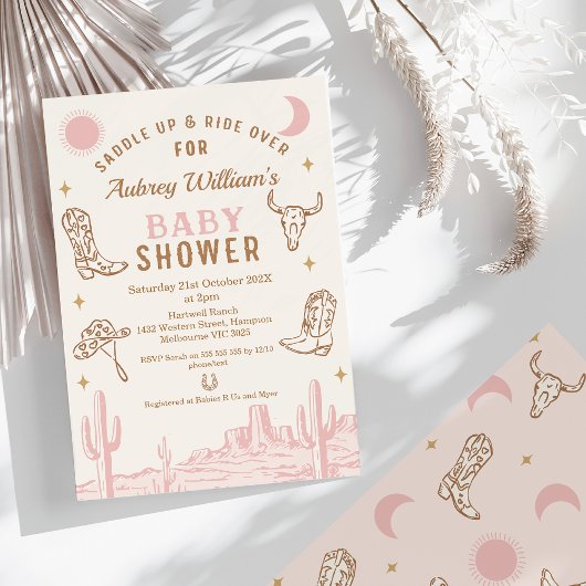 Rustic Pink Desert Girls Cowgirl Baby shower Kaart