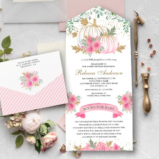 Rustic Pink en Gold Floral Baby shower All In One Uitnodiging