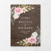 Rustic Pink en Gold Pumpkin Floral Wood Wedding Drieluik Uitnodiging (Cover)