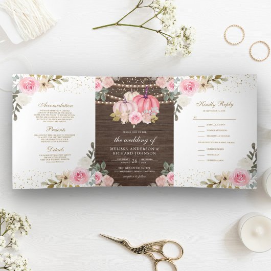 Rustic Pink en Gold Pumpkin Floral Wood Wedding Drieluik Uitnodiging