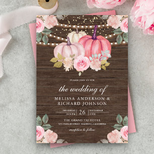 Rustic Pink en Gold Pumpkin Floral Wood Wedding Kaart