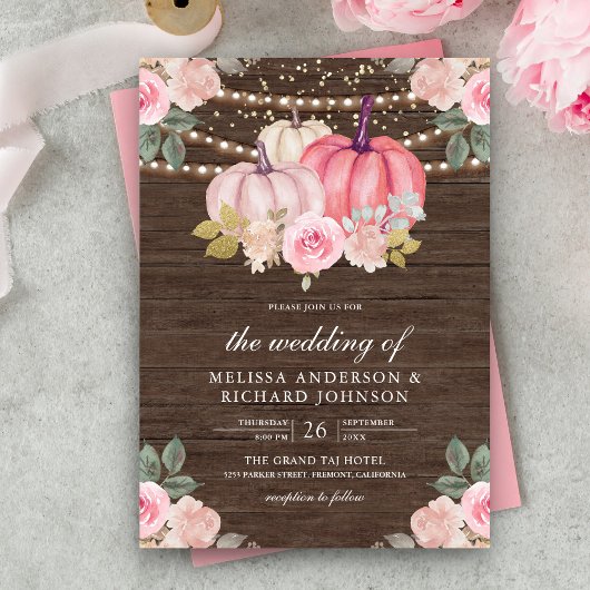 Rustic Pink en Gold Pumpkin Floral Wood Wedding Kaart