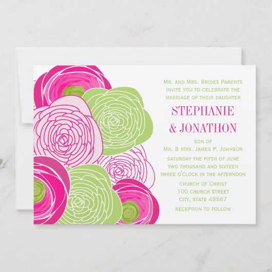 Rustic Pink en Green Roos Wedding Invite Kaart (Voorkant)