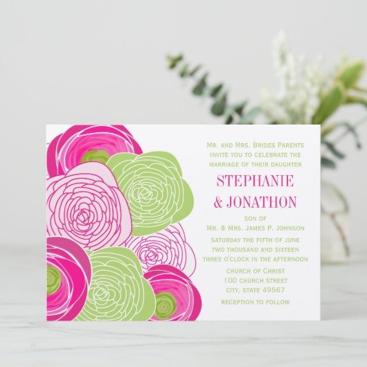 Rustic Pink en Green Roos Wedding Invite Kaart (Staand voorkant)