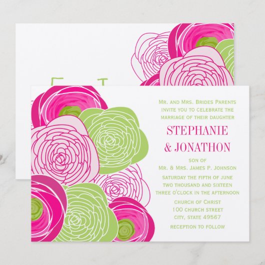 Rustic Pink en Green Roos Wedding Invite Kaart (Voorkant / Achterkant)