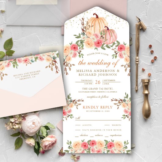 Rustic Pink en Peach Pumpkin Floral Wedding All In One Uitnodiging
