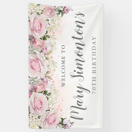 Rustic Pink en White Floral 70th Birthday Spandoek (Verticaal)