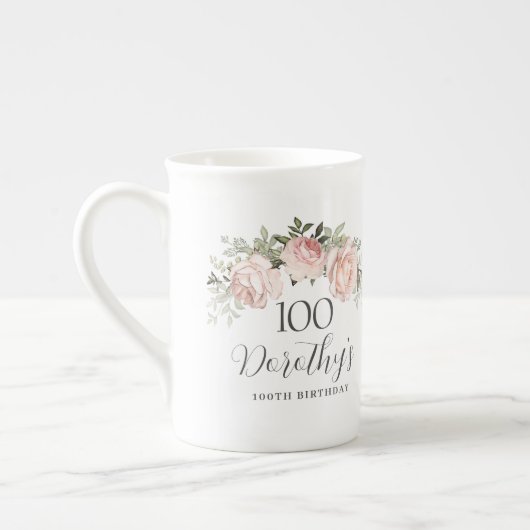 Rustic Pink Floral 100e verjaardag Porselein Kop (Links)