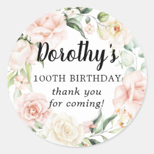 Rustic Pink Floral 100th Birthday Hartelijk dank Ronde Sticker