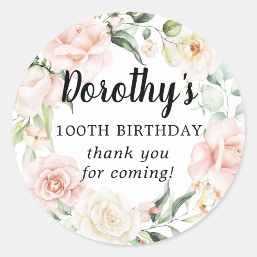 Rustic Pink Floral 100th Birthday Hartelijk dank Ronde Sticker (Voorkant)