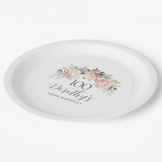 Rustic Pink Floral 100th Birthday Party Custom Papieren Bordje (Gekanteld)