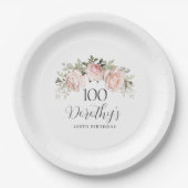 Rustic Pink Floral 100th Birthday Party Custom Papieren Bordje (Voorkant)