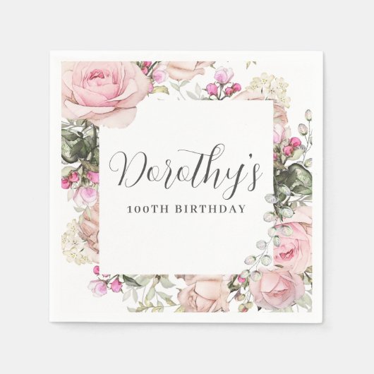 Rustic Pink Floral 100th Birthday Party Custom Servet (Voorkant)