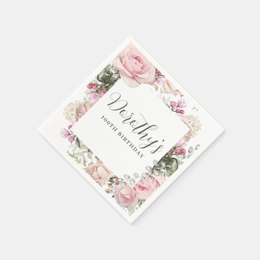 Rustic Pink Floral 100th Birthday Party Custom Servet (Hoek)