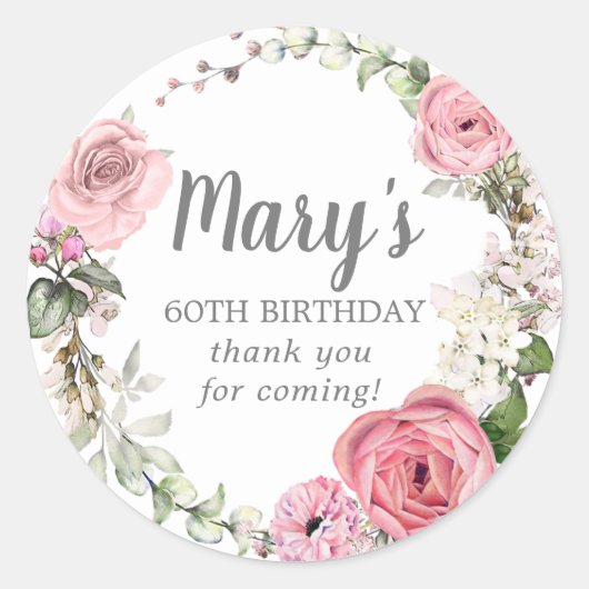 Rustic Pink Floral 60th Birthday Hartelijk dank Ronde Sticker (Voorkant)
