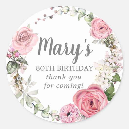 Rustic Pink Floral 80th Birthday Hartelijk dank Ronde Sticker (Voorkant)