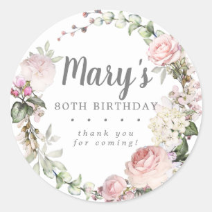 Rustic Pink Floral 80th Birthday Hartelijk dank Ronde Sticker