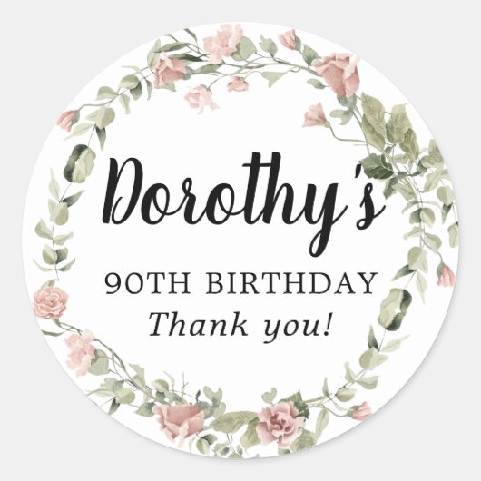 Rustic Pink Floral 90th Birthday Hartelijk dank Ronde Sticker (Voorkant)