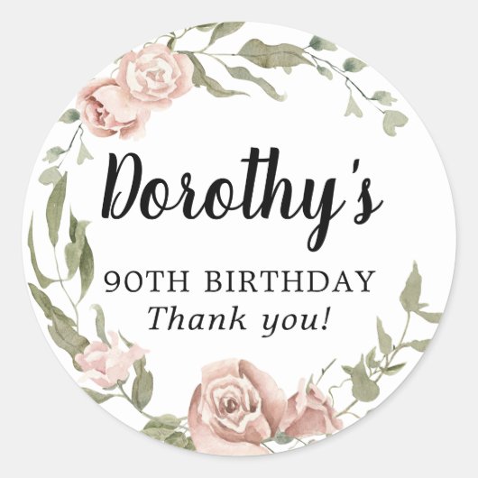 Rustic Pink Floral 90th Birthday Hartelijk dank Ronde Sticker (Voorkant)