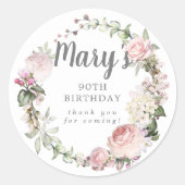 Rustic Pink Floral 90th Birthday Hartelijk dank Ronde Sticker (Voorkant)